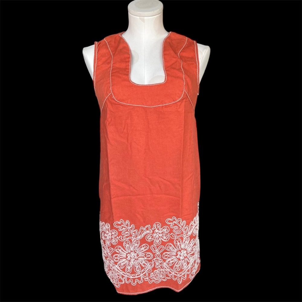Max Studio Coral Orange Sleeveless Mini Dress with White Floral Embroidery